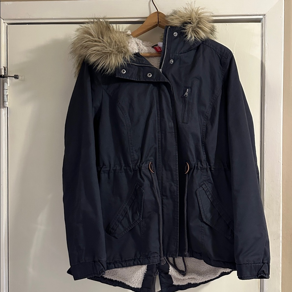 Blue Utility Jacket with Fur Trim